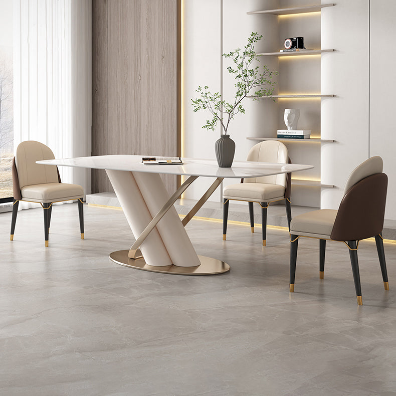 Modern Style Sintered Stone Dining Table with White Fixed Table and Trestle Base Clearhalo 'Dining Room Sets' 'Dining Tables & Seating' 'dining_room_set' 'furn' 'furn_dining_room_set' 'Furniture' 'furniture_dining_room_set' 'Kitchen & Dining Furniture' 'kitchen&dining_furn' 'kitchen' 3491474