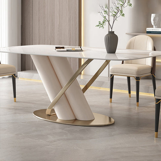 Modern Style Sintered Stone Dining Table with White Fixed Table and Trestle Base Clearhalo 'Dining Room Sets' 'Dining Tables & Seating' 'dining_room_set' 'furn' 'furn_dining_room_set' 'Furniture' 'furniture_dining_room_set' 'Kitchen & Dining Furniture' 'kitchen&dining_furn' 'kitchen' 3491476