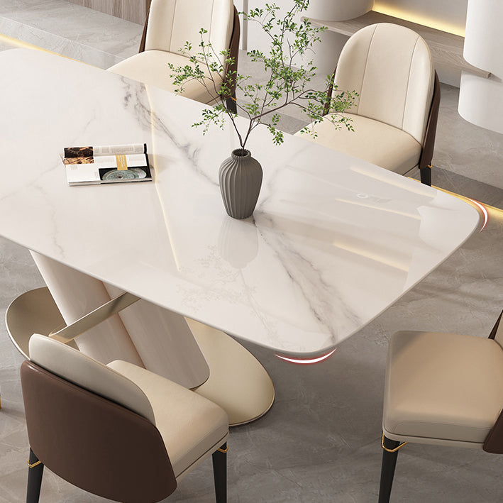 Modern Style Sintered Stone Dining Table with White Fixed Table and Trestle Base Clearhalo 'Dining Room Sets' 'Dining Tables & Seating' 'dining_room_set' 'furn' 'furn_dining_room_set' 'Furniture' 'furniture_dining_room_set' 'Kitchen & Dining Furniture' 'kitchen&dining_furn' 'kitchen' 3491478