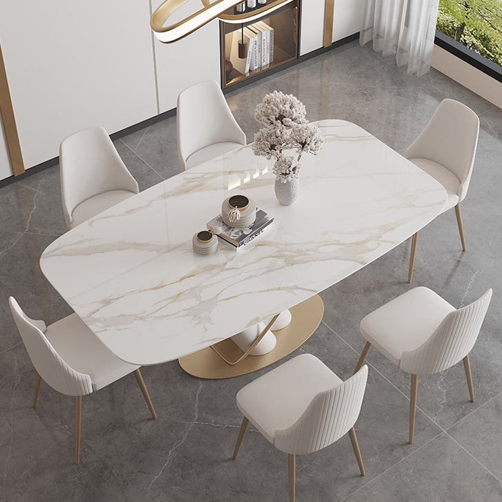 Contemporary Style Sintered Stone Dining Table with White Fixed Table and Trestle Base 7 Piece Set Clearhalo 'Dining Room Sets' 'Dining Tables & Seating' 'dining_room_set' 'furn' 'furn_dining_room_set' 'Furniture' 'furniture_dining_room_set' 'Kitchen & Dining Furniture' 'kitchen&dining_furn' 'kitchen' 3491486