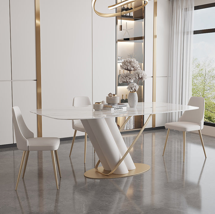Contemporary Style Sintered Stone Dining Table with White Fixed Table and Trestle Base Clearhalo 'Dining Room Sets' 'Dining Tables & Seating' 'dining_room_set' 'furn' 'furn_dining_room_set' 'Furniture' 'furniture_dining_room_set' 'Kitchen & Dining Furniture' 'kitchen&dining_furn' 'kitchen' 3491487