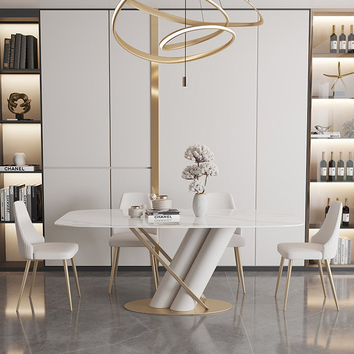 Contemporary Style Sintered Stone Dining Table with White Fixed Table and Trestle Base Clearhalo 'Dining Room Sets' 'Dining Tables & Seating' 'dining_room_set' 'furn' 'furn_dining_room_set' 'Furniture' 'furniture_dining_room_set' 'Kitchen & Dining Furniture' 'kitchen&dining_furn' 'kitchen' 3491499