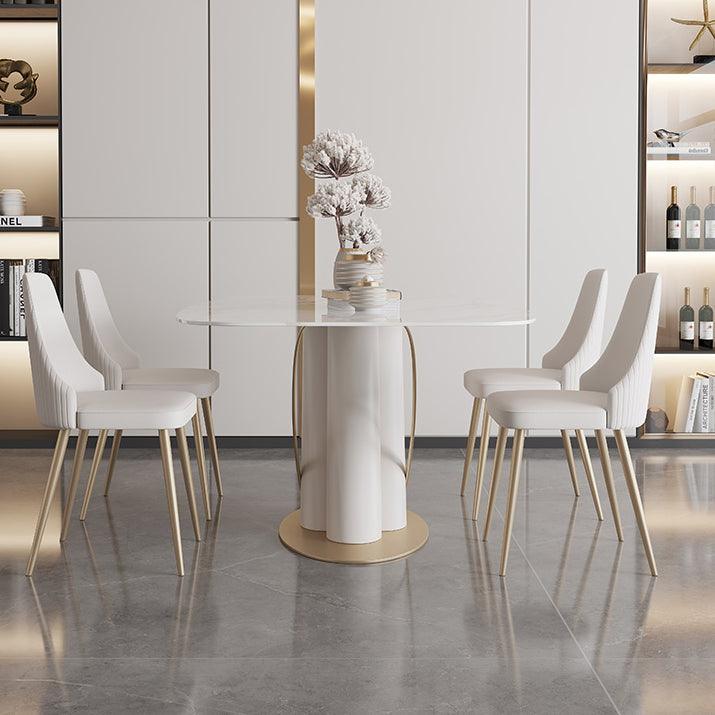 Contemporary Style Sintered Stone Dining Table with White Fixed Table and Trestle Base Clearhalo 'Dining Room Sets' 'Dining Tables & Seating' 'dining_room_set' 'furn' 'furn_dining_room_set' 'Furniture' 'furniture_dining_room_set' 'Kitchen & Dining Furniture' 'kitchen&dining_furn' 'kitchen' 3491500