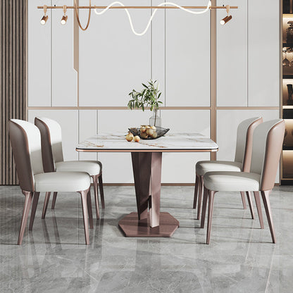 Modern Style Sintered Stone Dining Room Set with Fixed Rectangle Shape Table and Trestle Base 5 Piece Set Clearhalo 'Dining Room Sets' 'Dining Tables & Seating' 'dining_room_set' 'furn' 'furn_dining_room_set' 'Furniture' 'furniture_dining_room_set' 'Kitchen & Dining Furniture' 'kitchen&dining_furn' 'kitchen' 3491554
