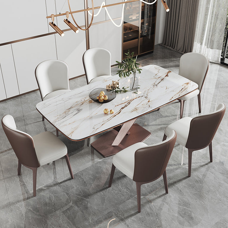 Modern Style Sintered Stone Dining Room Set with Fixed Rectangle Shape Table and Trestle Base Clearhalo 'Dining Room Sets' 'Dining Tables & Seating' 'dining_room_set' 'furn' 'furn_dining_room_set' 'Furniture' 'furniture_dining_room_set' 'Kitchen & Dining Furniture' 'kitchen&dining_furn' 'kitchen' 3491556