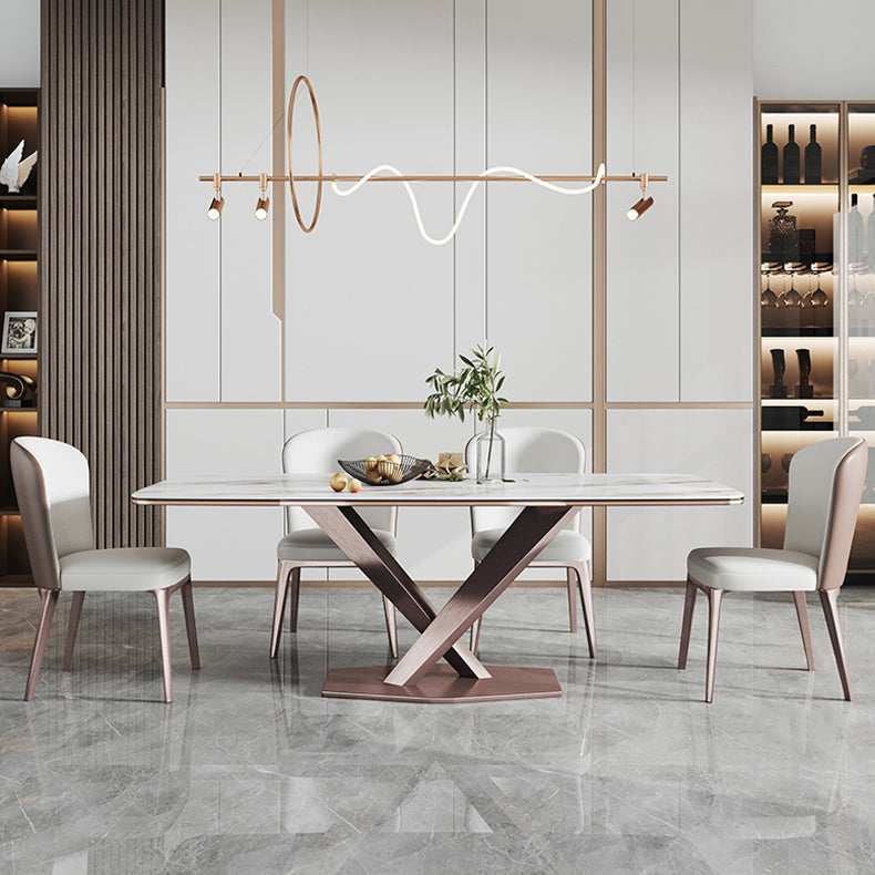 Modern Style Sintered Stone Dining Room Set with Fixed Rectangle Shape Table and Trestle Base Clearhalo 'Dining Room Sets' 'Dining Tables & Seating' 'dining_room_set' 'furn' 'furn_dining_room_set' 'Furniture' 'furniture_dining_room_set' 'Kitchen & Dining Furniture' 'kitchen&dining_furn' 'kitchen' 3491558