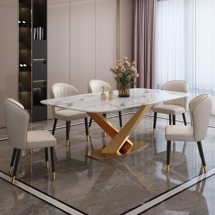 Modern Marble Table Set of 5/7 with Rectangle Table Dining Set with PU Leather Chairs Clearhalo 'Dining Room Sets' 'Dining Tables & Seating' 'dining_room_set' 'furn' 'furn_dining_room_set' 'Furniture' 'furniture_dining_room_set' 'Kitchen & Dining Furniture' 'kitchen&dining_furn' 'kitchen' 3491687