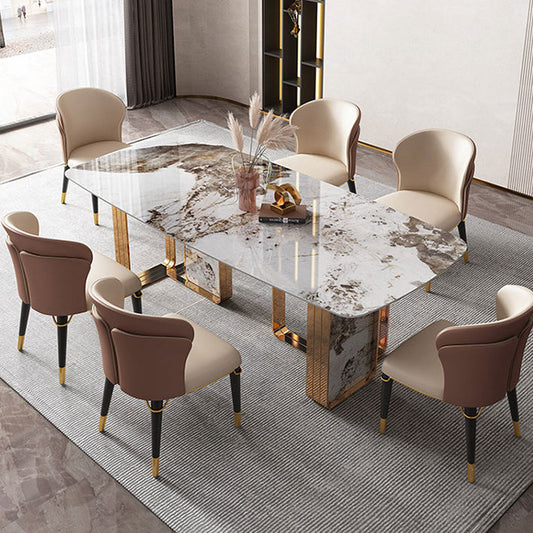 Modern Rectangle Shape Sintered Stone Top Dining Set White Kitchen Dining Set with Double Pedestal Clearhalo 'Dining Room Sets' 'Dining Tables & Seating' 'dining_room_set' 'furn' 'furn_dining_room_set' 'Furniture' 'furniture_dining_room_set' 'Kitchen & Dining Furniture' 'kitchen&dining_furn' 'kitchen' 3491829