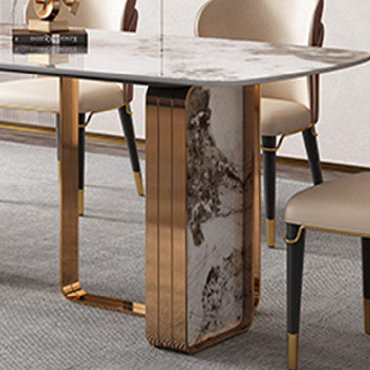 Modern Rectangle Shape Sintered Stone Top Dining Set White Kitchen Dining Set with Double Pedestal Clearhalo 'Dining Room Sets' 'Dining Tables & Seating' 'dining_room_set' 'furn' 'furn_dining_room_set' 'Furniture' 'furniture_dining_room_set' 'Kitchen & Dining Furniture' 'kitchen&dining_furn' 'kitchen' 3491834