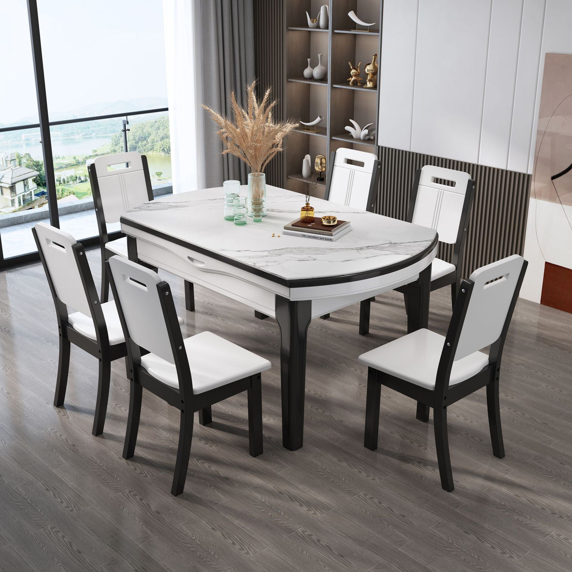 7 Pcs Modern Dining Room Set with Round Table and 4 Legs Base Dining Set with Armless Chairs Clearhalo 'Dining Room Sets' 'Dining Tables & Seating' 'dining_room_set' 'furn' 'furn_dining_room_set' 'Furniture' 'furniture_dining_room_set' 'Kitchen & Dining Furniture' 'kitchen&dining_furn' 'kitchen' 3492081