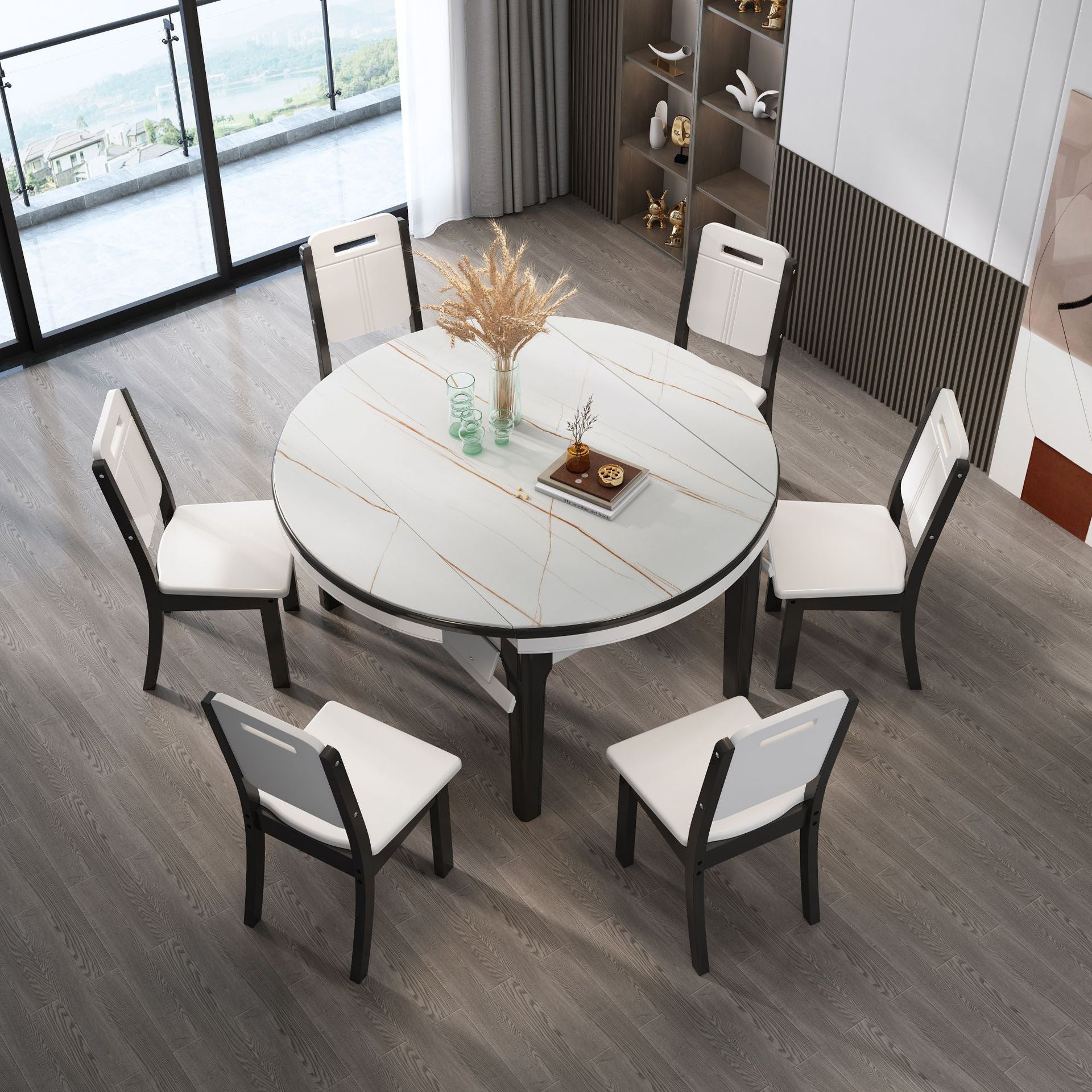 7 Pcs Modern Dining Room Set with Round Table and 4 Legs Base Dining Set with Armless Chairs Clearhalo 'Dining Room Sets' 'Dining Tables & Seating' 'dining_room_set' 'furn' 'furn_dining_room_set' 'Furniture' 'furniture_dining_room_set' 'Kitchen & Dining Furniture' 'kitchen&dining_furn' 'kitchen' 3492083