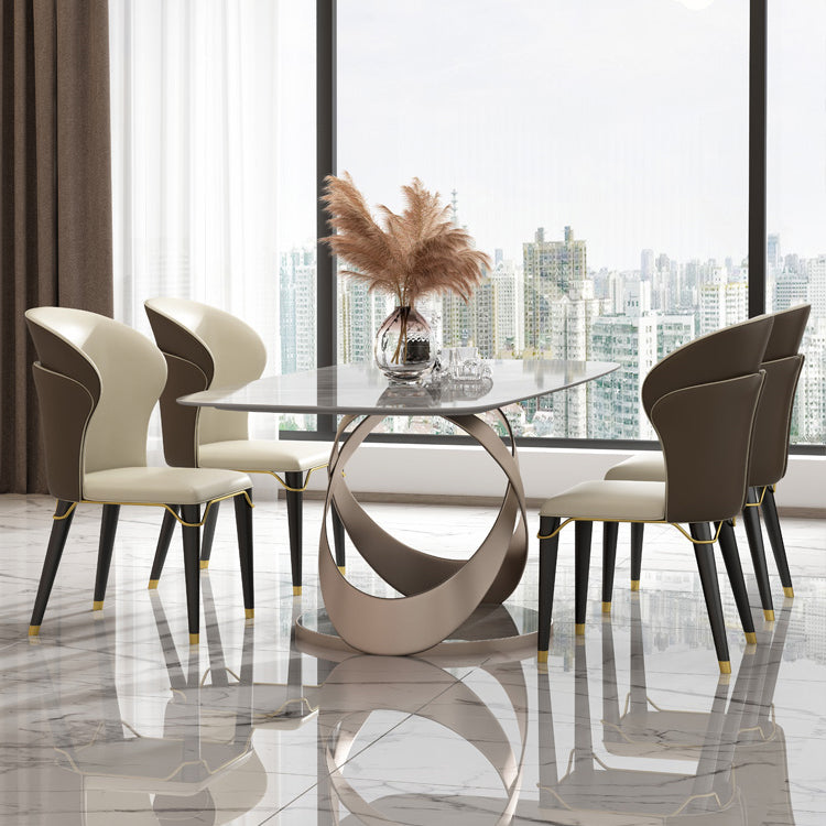 Modern Style Traditional Height Dining Set with Grey Fixed Rectangle Shape Table and Trestle Base 5 Piece Set Clearhalo 'Dining Room Sets' 'Dining Tables & Seating' 'dining_room_set' 'furn' 'furn_dining_room_set' 'Furniture' 'furniture_dining_room_set' 'Kitchen & Dining Furniture' 'kitchen&dining_furn' 'kitchen' 3492401