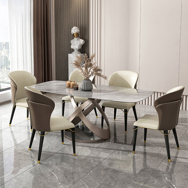 Modern Style Traditional Height Dining Set with Grey Fixed Rectangle Shape Table and Trestle Base Clearhalo 'Dining Room Sets' 'Dining Tables & Seating' 'dining_room_set' 'furn' 'furn_dining_room_set' 'Furniture' 'furniture_dining_room_set' 'Kitchen & Dining Furniture' 'kitchen&dining_furn' 'kitchen' 3492403