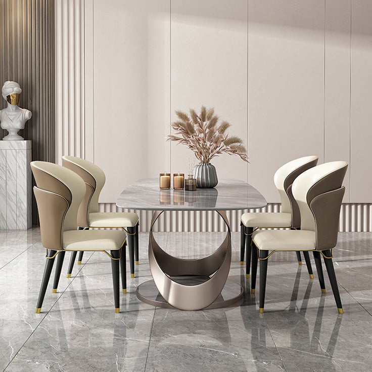 Modern Style Traditional Height Dining Set with Grey Fixed Rectangle Shape Table and Trestle Base Clearhalo 'Dining Room Sets' 'Dining Tables & Seating' 'dining_room_set' 'furn' 'furn_dining_room_set' 'Furniture' 'furniture_dining_room_set' 'Kitchen & Dining Furniture' 'kitchen&dining_furn' 'kitchen' 3492417