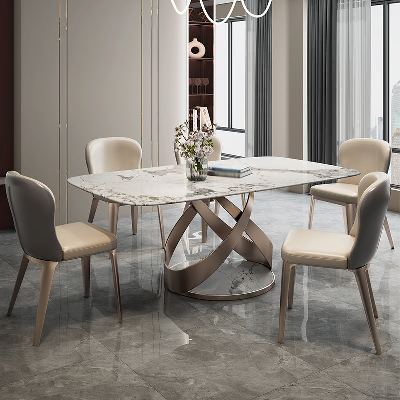 Modern Style Traditional Height Dining Set with Fixed Rectangle Shape Table and Gold Trestle Base Clearhalo 'Dining Room Sets' 'Dining Tables & Seating' 'dining_room_set' 'furn' 'furn_dining_room_set' 'Furniture' 'furniture_dining_room_set' 'Kitchen & Dining Furniture' 'kitchen&dining_furn' 'kitchen' 3492437