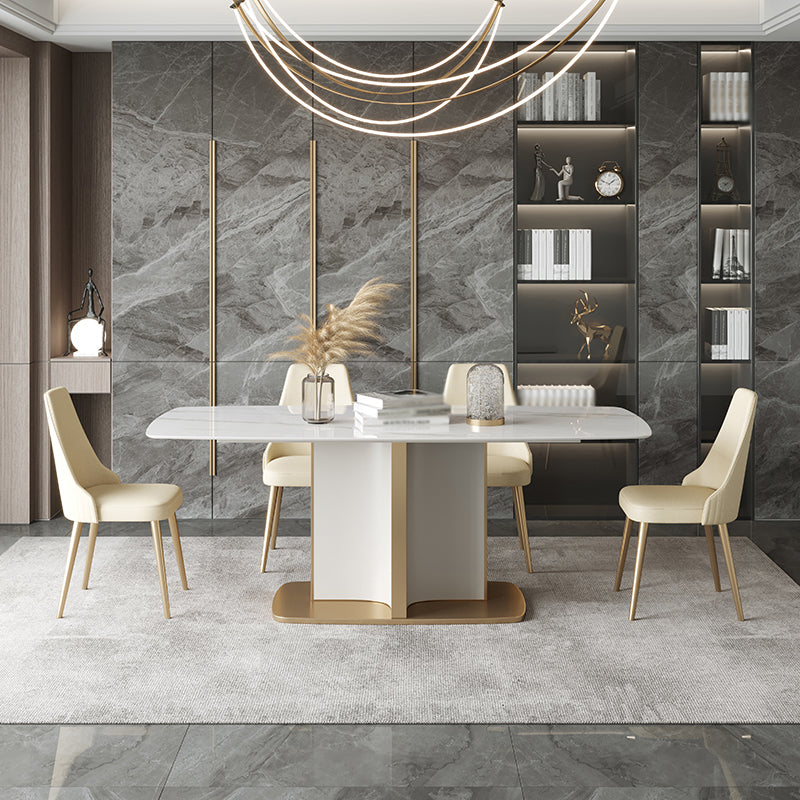 Modern Style Traditional Height Dining Set with Fixed Rectangle Shape Table and Pedestal Base 5 Piece Set Clearhalo 'Dining Room Sets' 'Dining Tables & Seating' 'dining_room_set' 'furn' 'furn_dining_room_set' 'Furniture' 'furniture_dining_room_set' 'Kitchen & Dining Furniture' 'kitchen&dining_furn' 'kitchen' 3492475