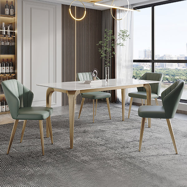 Modern Style Traditional Height Dining Set with Fixed Rectangle Shape Table and 4 Gold Legs Base Clearhalo 'Dining Room Sets' 'Dining Tables & Seating' 'dining_room_set' 'furn' 'furn_dining_room_set' 'Furniture' 'furniture_dining_room_set' 'Kitchen & Dining Furniture' 'kitchen&dining_furn' 'kitchen' 3492494