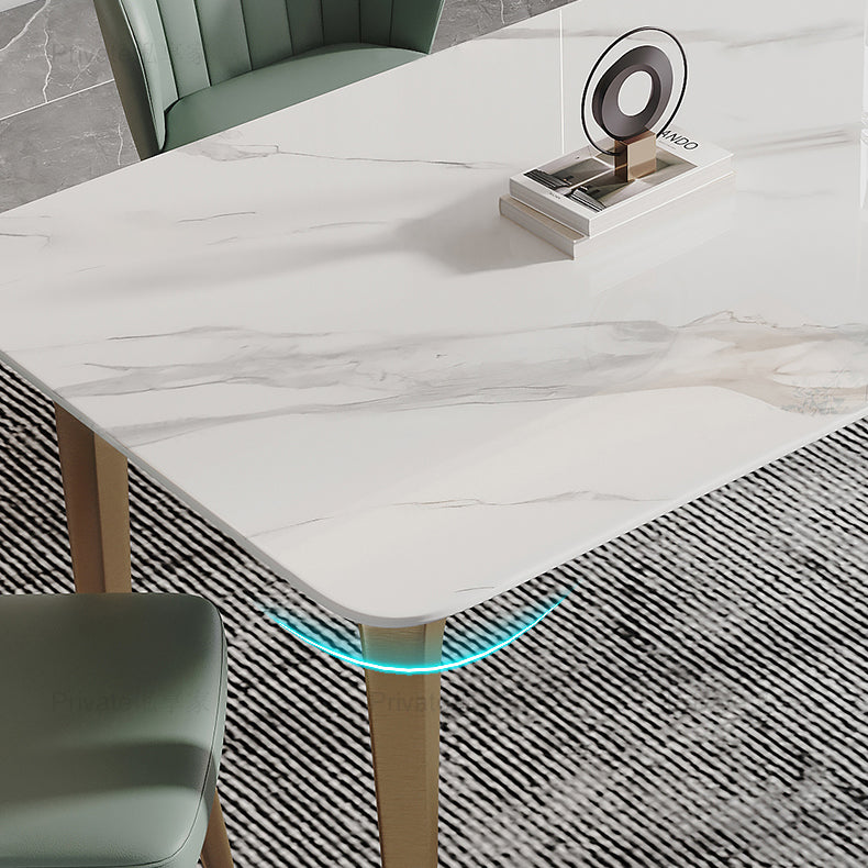 Modern Style Traditional Height Dining Set with Fixed Rectangle Shape Table and 4 Gold Legs Base Clearhalo 'Dining Room Sets' 'Dining Tables & Seating' 'dining_room_set' 'furn' 'furn_dining_room_set' 'Furniture' 'furniture_dining_room_set' 'Kitchen & Dining Furniture' 'kitchen&dining_furn' 'kitchen' 3492497