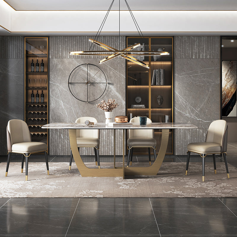 Minimalist Style Sintered Stone Dining Table with Rectangle Shape Fixed Table and Trestle Base 5 Piece Set Clearhalo 'Dining Room Sets' 'Dining Tables & Seating' 'dining_room_set' 'furn' 'furn_dining_room_set' 'Furniture' 'furniture_dining_room_set' 'Kitchen & Dining Furniture' 'kitchen&dining_furn' 'kitchen' 3492508