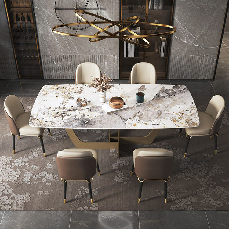 Minimalist Style Sintered Stone Dining Table with Rectangle Shape Fixed Table and Trestle Base Clearhalo 'Dining Room Sets' 'Dining Tables & Seating' 'dining_room_set' 'furn' 'furn_dining_room_set' 'Furniture' 'furniture_dining_room_set' 'Kitchen & Dining Furniture' 'kitchen&dining_furn' 'kitchen' 3492510