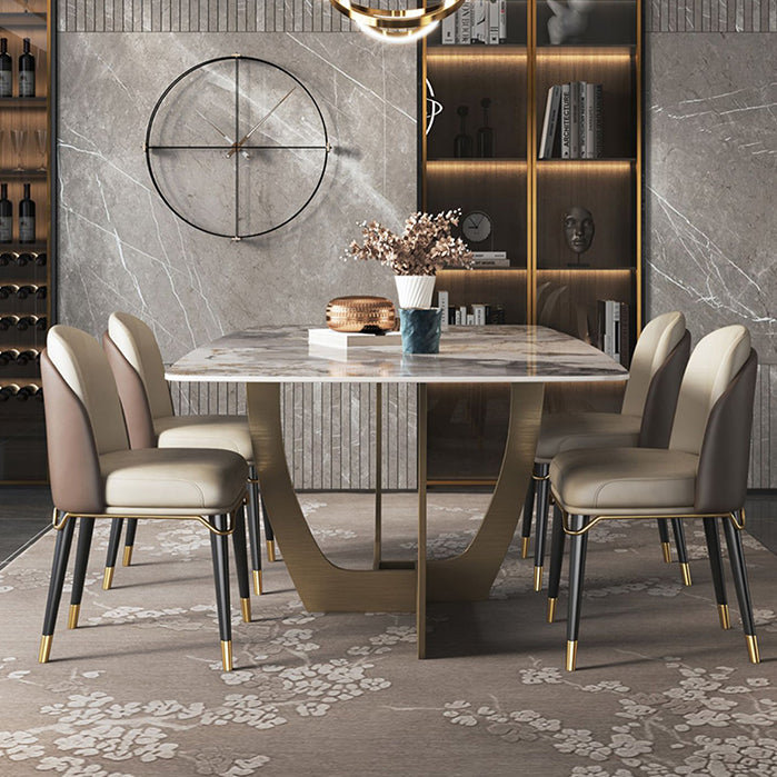 Minimalist Style Sintered Stone Dining Table with Rectangle Shape Fixed Table and Trestle Base Clearhalo 'Dining Room Sets' 'Dining Tables & Seating' 'dining_room_set' 'furn' 'furn_dining_room_set' 'Furniture' 'furniture_dining_room_set' 'Kitchen & Dining Furniture' 'kitchen&dining_furn' 'kitchen' 3492521