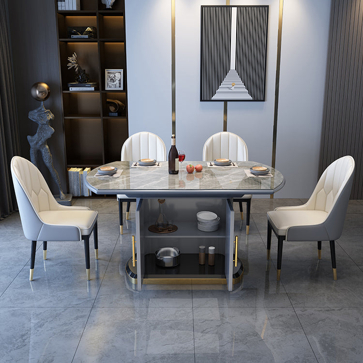 Contemporary Style Sintered Stone Dining Table with Self-Storing Leaf and Pedestal Base Grey 5 Piece Set Clearhalo 'Dining Room Sets' 'Dining Tables & Seating' 'dining_room_set' 'furn' 'furn_dining_room_set' 'Furniture' 'furniture_dining_room_set' 'Kitchen & Dining Furniture' 'kitchen&dining_furn' 'kitchen' 3492523