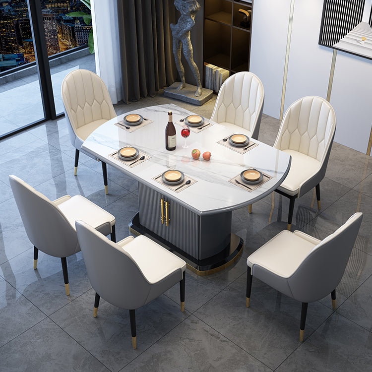 Contemporary Style Sintered Stone Dining Table with Self-Storing Leaf and Pedestal Base White 7 Piece Set Clearhalo 'Dining Room Sets' 'Dining Tables & Seating' 'dining_room_set' 'furn' 'furn_dining_room_set' 'Furniture' 'furniture_dining_room_set' 'Kitchen & Dining Furniture' 'kitchen&dining_furn' 'kitchen' 3492526