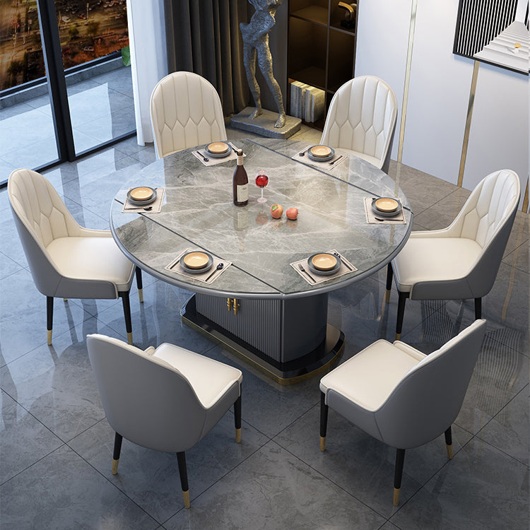 Contemporary Style Sintered Stone Dining Table with Self-Storing Leaf and Pedestal Base Clearhalo 'Dining Room Sets' 'Dining Tables & Seating' 'dining_room_set' 'furn' 'furn_dining_room_set' 'Furniture' 'furniture_dining_room_set' 'Kitchen & Dining Furniture' 'kitchen&dining_furn' 'kitchen' 3492537