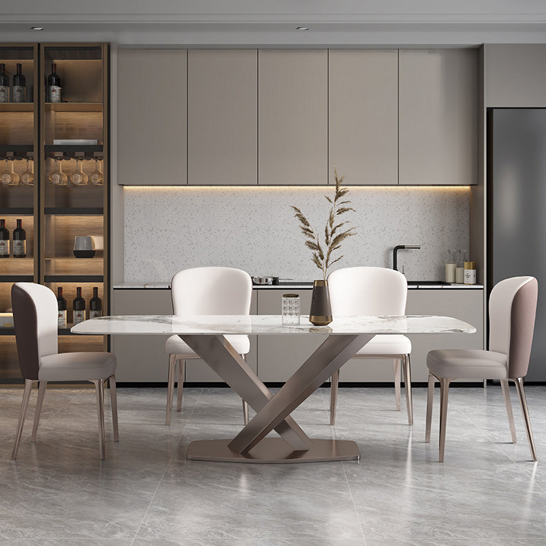 Minimalist Style Sintered Stone Dining Table with White Fixed Table and Trestle Base for Home Use 5 Piece Set Clearhalo 'Dining Room Sets' 'Dining Tables & Seating' 'dining_room_set' 'furn' 'furn_dining_room_set' 'Furniture' 'furniture_dining_room_set' 'Kitchen & Dining Furniture' 'kitchen&dining_furn' 'kitchen' 3492564