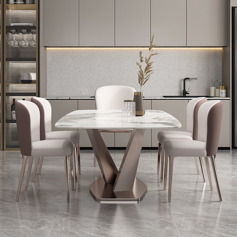 Minimalist Style Sintered Stone Dining Table with White Fixed Table and Trestle Base for Home Use Clearhalo 'Dining Room Sets' 'Dining Tables & Seating' 'dining_room_set' 'furn' 'furn_dining_room_set' 'Furniture' 'furniture_dining_room_set' 'Kitchen & Dining Furniture' 'kitchen&dining_furn' 'kitchen' 3492578