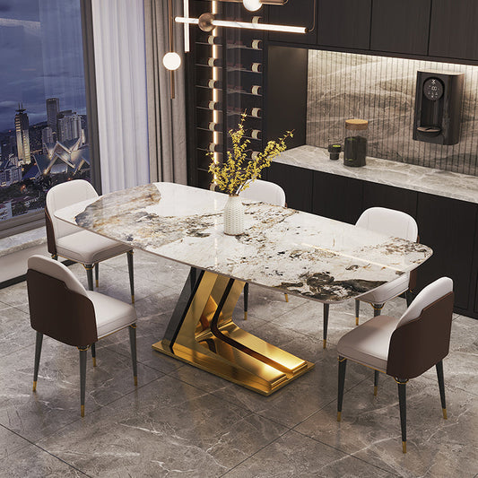 Dining Set of Modern Sintered Stone Table with Gold Metal Base Rectangle Dining Set for Restaurant Clearhalo 'Dining Room Sets' 'Dining Tables & Seating' 'dining_room_set' 'furn' 'furn_dining_room_set' 'Furniture' 'furniture_dining_room_set' 'Kitchen & Dining Furniture' 'kitchen&dining_furn' 'kitchen' 3492732