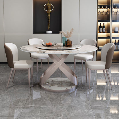 Nordic Round Sintered Stone Dining Table of 5/7 with Pedestal Base Dining Set for Restaurant 5 Piece Set Clearhalo 'Dining Room Sets' 'Dining Tables & Seating' 'dining_room_set' 'furn' 'furn_dining_room_set' 'Furniture' 'furniture_dining_room_set' 'Kitchen & Dining Furniture' 'kitchen&dining_furn' 'kitchen' 3492839