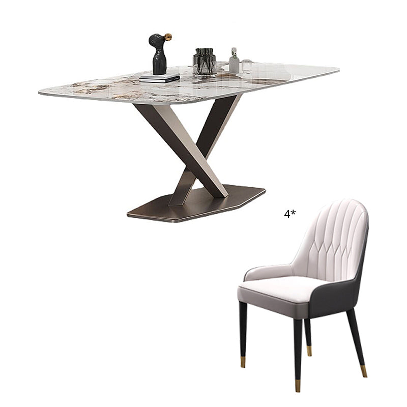 Contemporary Style Sintered Stone Dining Table with White Fixed Table and Trestle Base for Home Use Gray 5 Piece Set Clearhalo 'Dining Room Sets' 'Dining Tables & Seating' 'dining_room_set' 'furn' 'furn_dining_room_set' 'Furniture' 'furniture_dining_room_set' 'Kitchen & Dining Furniture' 'kitchen&dining_furn' 'kitchen' 3492869