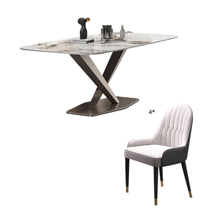 Contemporary Style Sintered Stone Dining Table with White Fixed Table and Trestle Base for Home Use Gray 5 Piece Set Clearhalo 'Dining Room Sets' 'Dining Tables & Seating' 'dining_room_set' 'furn' 'furn_dining_room_set' 'Furniture' 'furniture_dining_room_set' 'Kitchen & Dining Furniture' 'kitchen&dining_furn' 'kitchen' 3492869