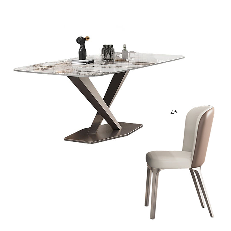 Contemporary Style Sintered Stone Dining Table with White Fixed Table and Trestle Base for Home Use Brown 5 Piece Set Clearhalo 'Dining Room Sets' 'Dining Tables & Seating' 'dining_room_set' 'furn' 'furn_dining_room_set' 'Furniture' 'furniture_dining_room_set' 'Kitchen & Dining Furniture' 'kitchen&dining_furn' 'kitchen' 3492872