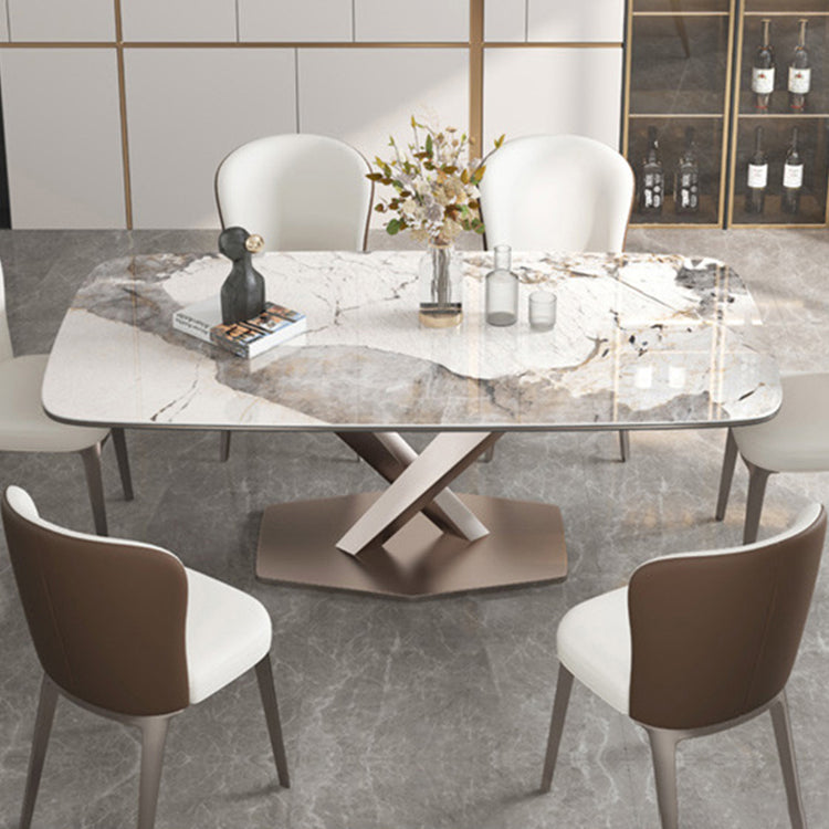 Contemporary Style Sintered Stone Dining Table with White Fixed Table and Trestle Base for Home Use Clearhalo 'Dining Room Sets' 'Dining Tables & Seating' 'dining_room_set' 'furn' 'furn_dining_room_set' 'Furniture' 'furniture_dining_room_set' 'Kitchen & Dining Furniture' 'kitchen&dining_furn' 'kitchen' 3492873
