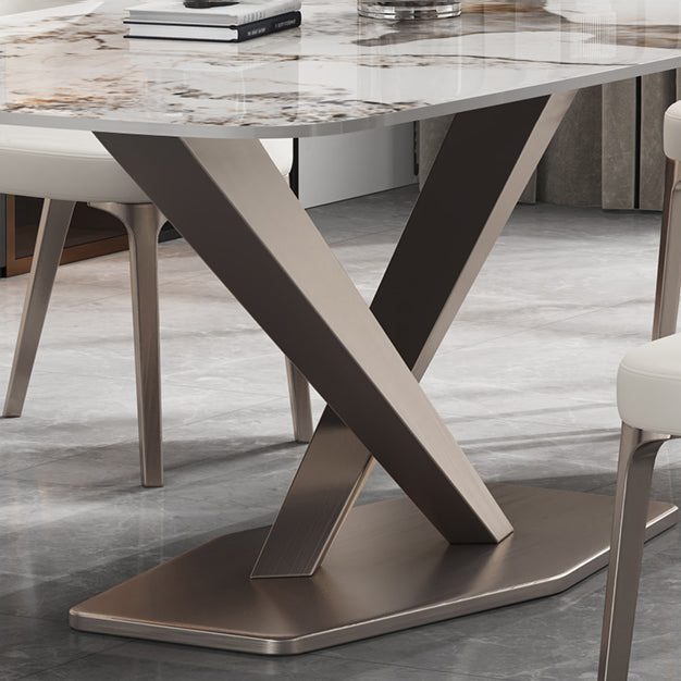 Contemporary Style Sintered Stone Dining Table with White Fixed Table and Trestle Base for Home Use Clearhalo 'Dining Room Sets' 'Dining Tables & Seating' 'dining_room_set' 'furn' 'furn_dining_room_set' 'Furniture' 'furniture_dining_room_set' 'Kitchen & Dining Furniture' 'kitchen&dining_furn' 'kitchen' 3492879