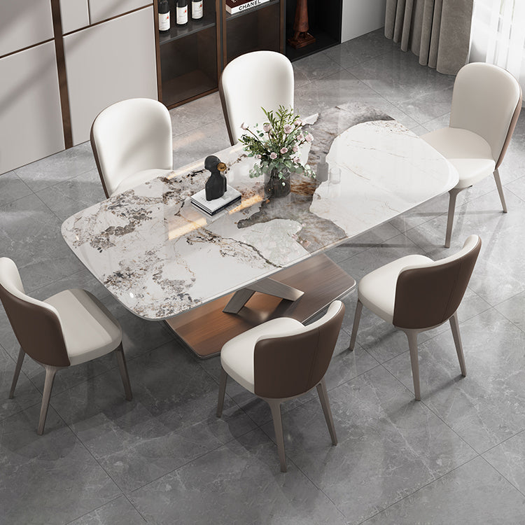 Contemporary Style Sintered Stone Dining Table with White Fixed Table and Trestle Base for Home Use Clearhalo 'Dining Room Sets' 'Dining Tables & Seating' 'dining_room_set' 'furn' 'furn_dining_room_set' 'Furniture' 'furniture_dining_room_set' 'Kitchen & Dining Furniture' 'kitchen&dining_furn' 'kitchen' 3492886