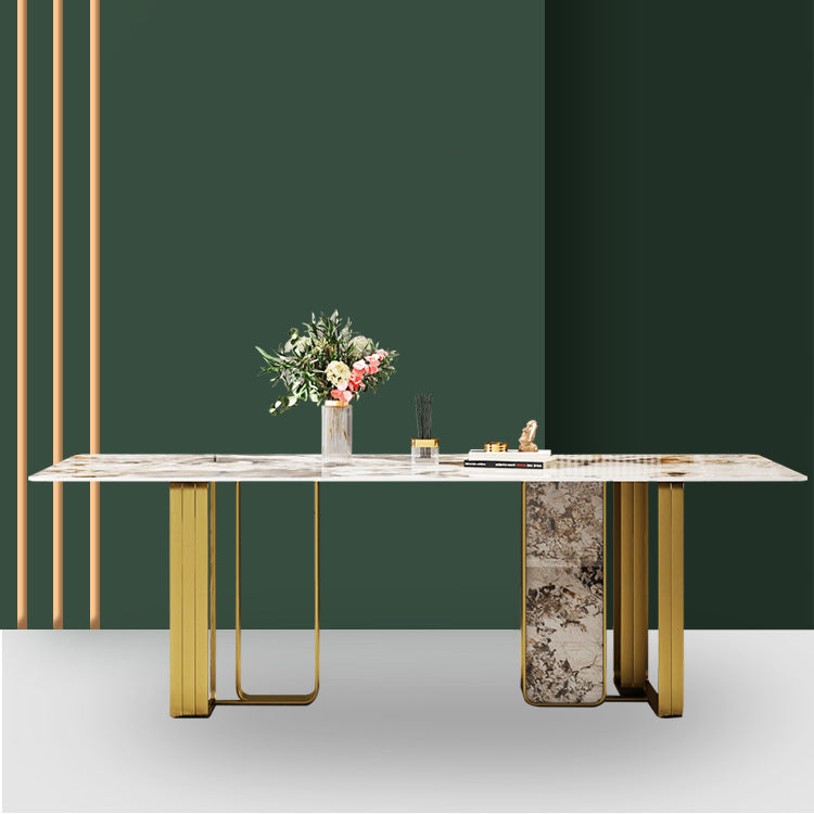 Minimalist Sintered Stone Kitchen Dining Set Gray Rectangle Shape Dining Set with Double Pedestal Clearhalo 'Dining Room Sets' 'Dining Tables & Seating' 'dining_room_set' 'furn' 'furn_dining_room_set' 'Furniture' 'furniture_dining_room_set' 'Kitchen & Dining Furniture' 'kitchen&dining_furn' 'kitchen' 3518033