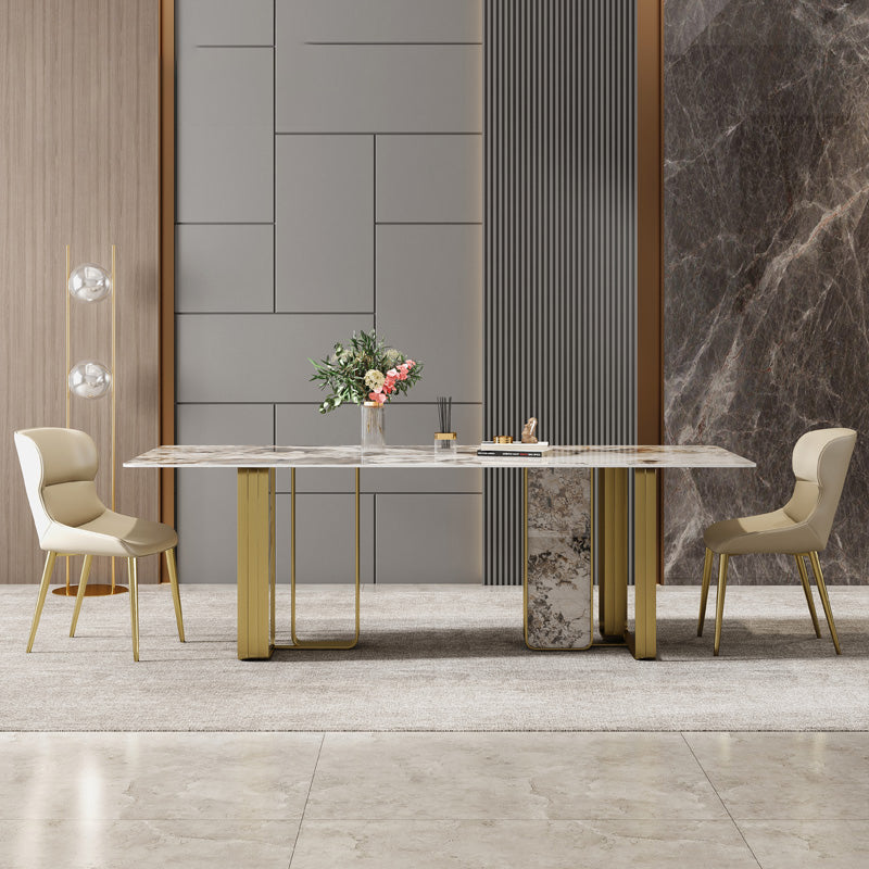 Minimalist Sintered Stone Kitchen Dining Set Gray Rectangle Shape Dining Set with Double Pedestal Clearhalo 'Dining Room Sets' 'Dining Tables & Seating' 'dining_room_set' 'furn' 'furn_dining_room_set' 'Furniture' 'furniture_dining_room_set' 'Kitchen & Dining Furniture' 'kitchen&dining_furn' 'kitchen' 3518034