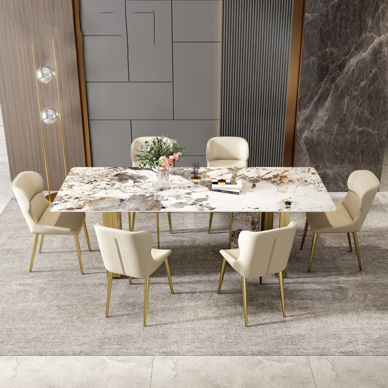 Minimalist Sintered Stone Kitchen Dining Set Gray Rectangle Shape Dining Set with Double Pedestal with 6 Chairs Clearhalo 'Dining Room Sets' 'Dining Tables & Seating' 'dining_room_set' 'furn' 'furn_dining_room_set' 'Furniture' 'furniture_dining_room_set' 'Kitchen & Dining Furniture' 'kitchen&dining_furn' 'kitchen' 3518035