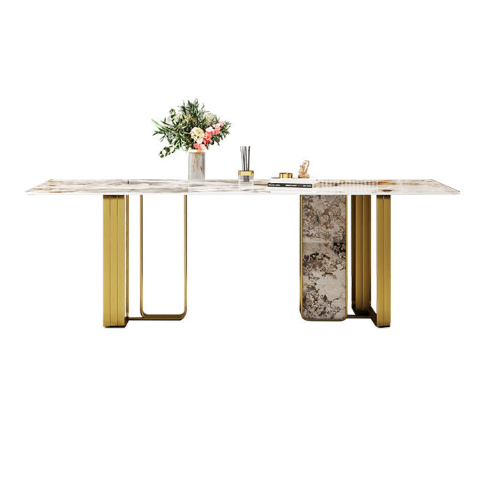 Minimalist Sintered Stone Kitchen Dining Set Gray Rectangle Shape Dining Set with Double Pedestal Clearhalo 'Dining Room Sets' 'Dining Tables & Seating' 'dining_room_set' 'furn' 'furn_dining_room_set' 'Furniture' 'furniture_dining_room_set' 'Kitchen & Dining Furniture' 'kitchen&dining_furn' 'kitchen' 3518036