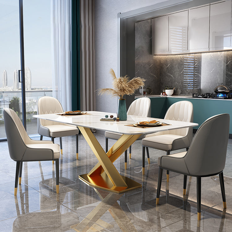 Modern Sintered Stone Dining Table Rectangular Dining Table Set with X-shaped Metal Frame Clearhalo 'Dining Room Sets' 'Dining Tables & Seating' 'dining_room_set' 'furn' 'furn_dining_room_set' 'Furniture' 'furniture_dining_room_set' 'Kitchen & Dining Furniture' 'kitchen&dining_furn' 'kitchen' 3518409