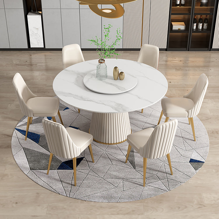 Scandinavian Sintered Stone Table Set of 5/7 with White Round Table Dining Set with Leather Chairs with 6 Chairs Clearhalo 'Dining Room Sets' 'Dining Tables & Seating' 'dining_room_set' 'furn' 'furn_dining_room_set' 'Furniture' 'furniture_dining_room_set' 'Kitchen & Dining Furniture' 'kitchen&dining_furn' 'kitchen' 3518502