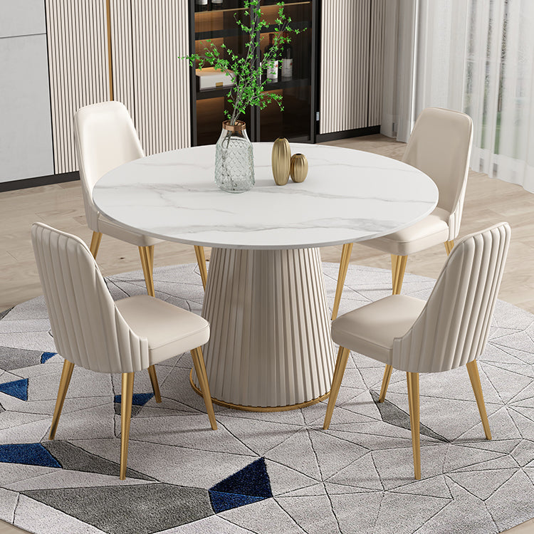Scandinavian Sintered Stone Table Set of 5/7 with White Round Table Dining Set with Leather Chairs with 4 Chairs Clearhalo 'Dining Room Sets' 'Dining Tables & Seating' 'dining_room_set' 'furn' 'furn_dining_room_set' 'Furniture' 'furniture_dining_room_set' 'Kitchen & Dining Furniture' 'kitchen&dining_furn' 'kitchen' 3518503