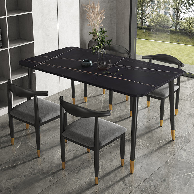 Rectangular Scandinavian Sintered Stone Dining Room Set Dining Furniture with Metallic Base Black 5 Piece Set Clearhalo 'Dining Room Sets' 'Dining Tables & Seating' 'dining_room_set' 'furn' 'furn_dining_room_set' 'Furniture' 'furniture_dining_room_set' 'Kitchen & Dining Furniture' 'kitchen&dining_furn' 'kitchen' 3526388
