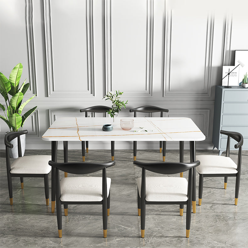 Rectangular Scandinavian Sintered Stone Dining Room Set Dining Furniture with Metallic Base Clearhalo 'Dining Room Sets' 'Dining Tables & Seating' 'dining_room_set' 'furn' 'furn_dining_room_set' 'Furniture' 'furniture_dining_room_set' 'Kitchen & Dining Furniture' 'kitchen&dining_furn' 'kitchen' 3526398