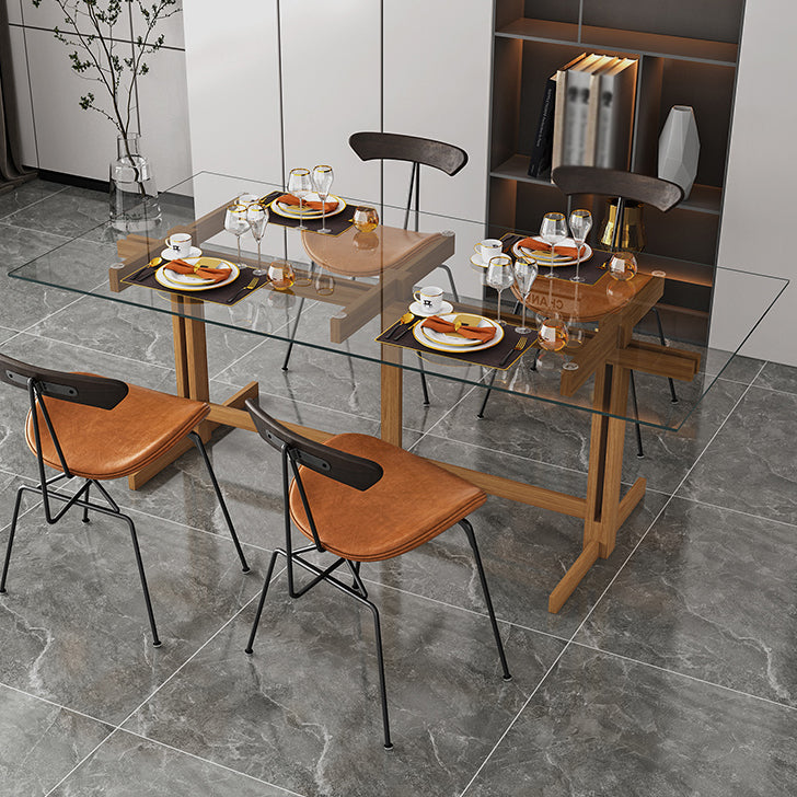 Solid Wood Trestle Dinette Table Tempered Glass Dining Table for Kitchen Home Clearhalo ' dining_table' 'Dining Tables & Seating' 'Dining Tables' 'Furniture' 'furniture_dining_table' 'Kitchen & Dining Furniture' 'kitchen&dining_furn' 'kitchen' 'kitchen_dining_table' 3577465