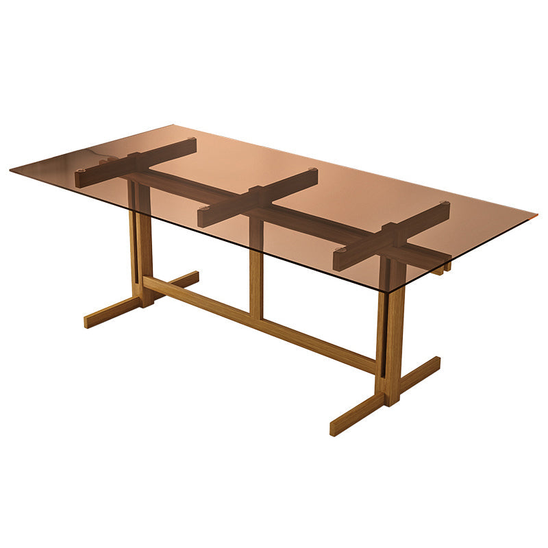 Solid Wood Trestle Dinette Table Tempered Glass Dining Table for Kitchen Home Brown Clearhalo ' dining_table' 'Dining Tables & Seating' 'Dining Tables' 'Furniture' 'furniture_dining_table' 'Kitchen & Dining Furniture' 'kitchen&dining_furn' 'kitchen' 'kitchen_dining_table' 3577467