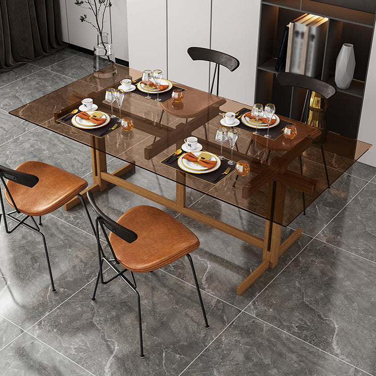 Solid Wood Trestle Dinette Table Tempered Glass Dining Table for Kitchen Home 70.9"L x 31.5"W x 29.5"H Brown Clearhalo ' dining_table' 'Dining Tables & Seating' 'Dining Tables' 'Furniture' 'furniture_dining_table' 'Kitchen & Dining Furniture' 'kitchen&dining_furn' 'kitchen' 'kitchen_dining_table' 3577468